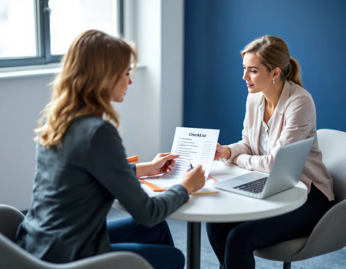 Two healthcare administrators reviewing a printed compliance checklist at a clinic conference table