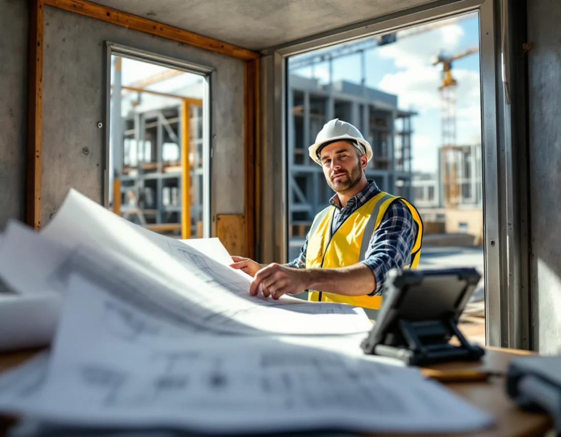 Project manager reviewing drawings in a Houston construction job trailer running Procore and Bluebeam