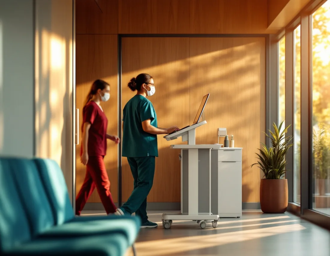 Clinician using a mobile computer workstation in a Houston medical clinic supported by HIPAA compliant IT