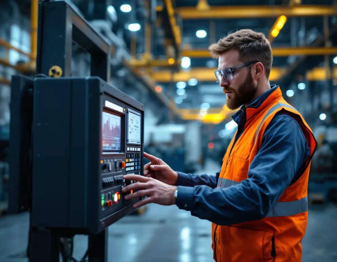 Engineer checking an industrial control panel on a Houston manufacturing shop floor secured under CMMC and NIST 800-171