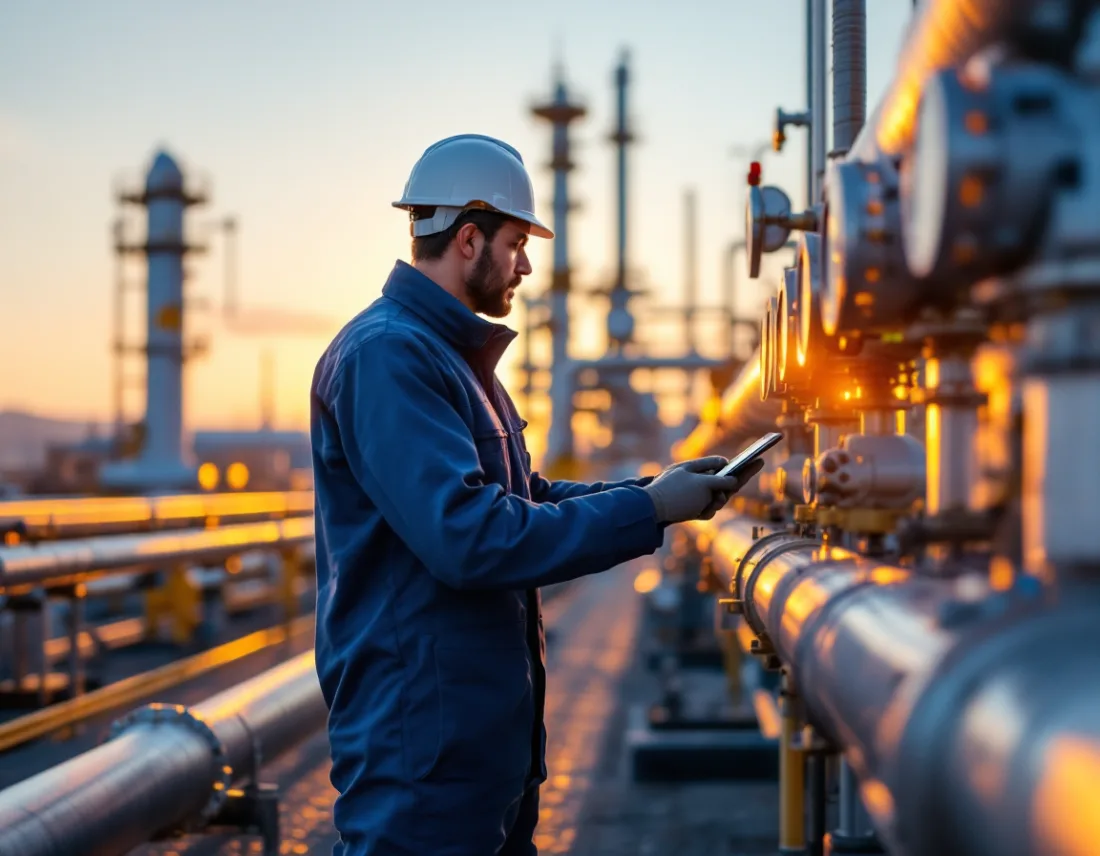 Operator inspecting pipeline instrumentation at a Houston midstream gas facility with SCADA network security