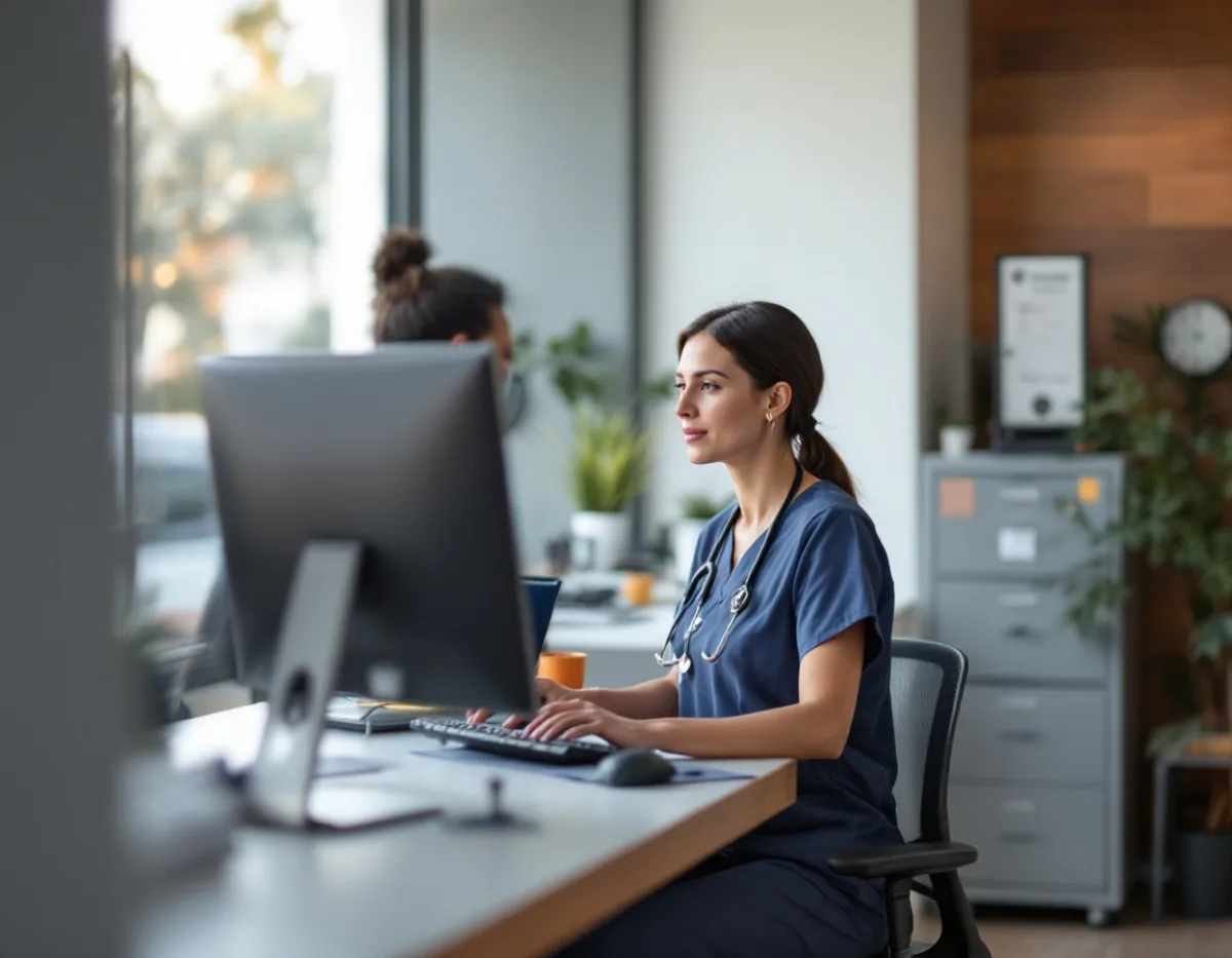 A medical practice administrator working at a clinic front-office computer beside a compliance binder
