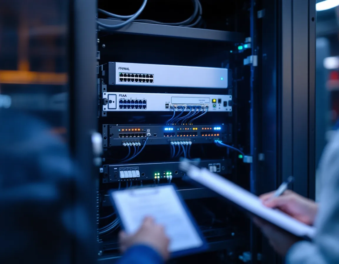 Network rack and firewall inside a Texas medical practice IT closet during a technology asset inventory