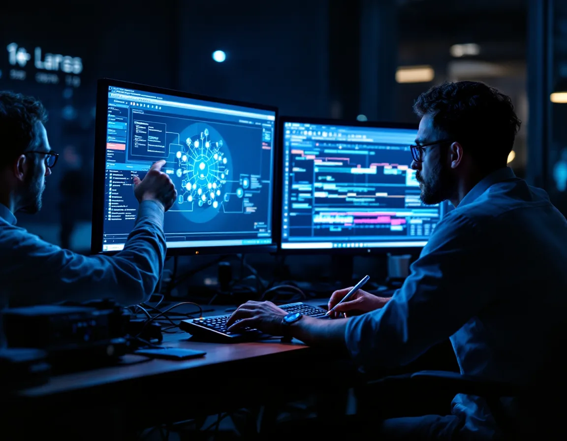 Healthcare IT security team working a breach incident response timeline at night on dual monitors