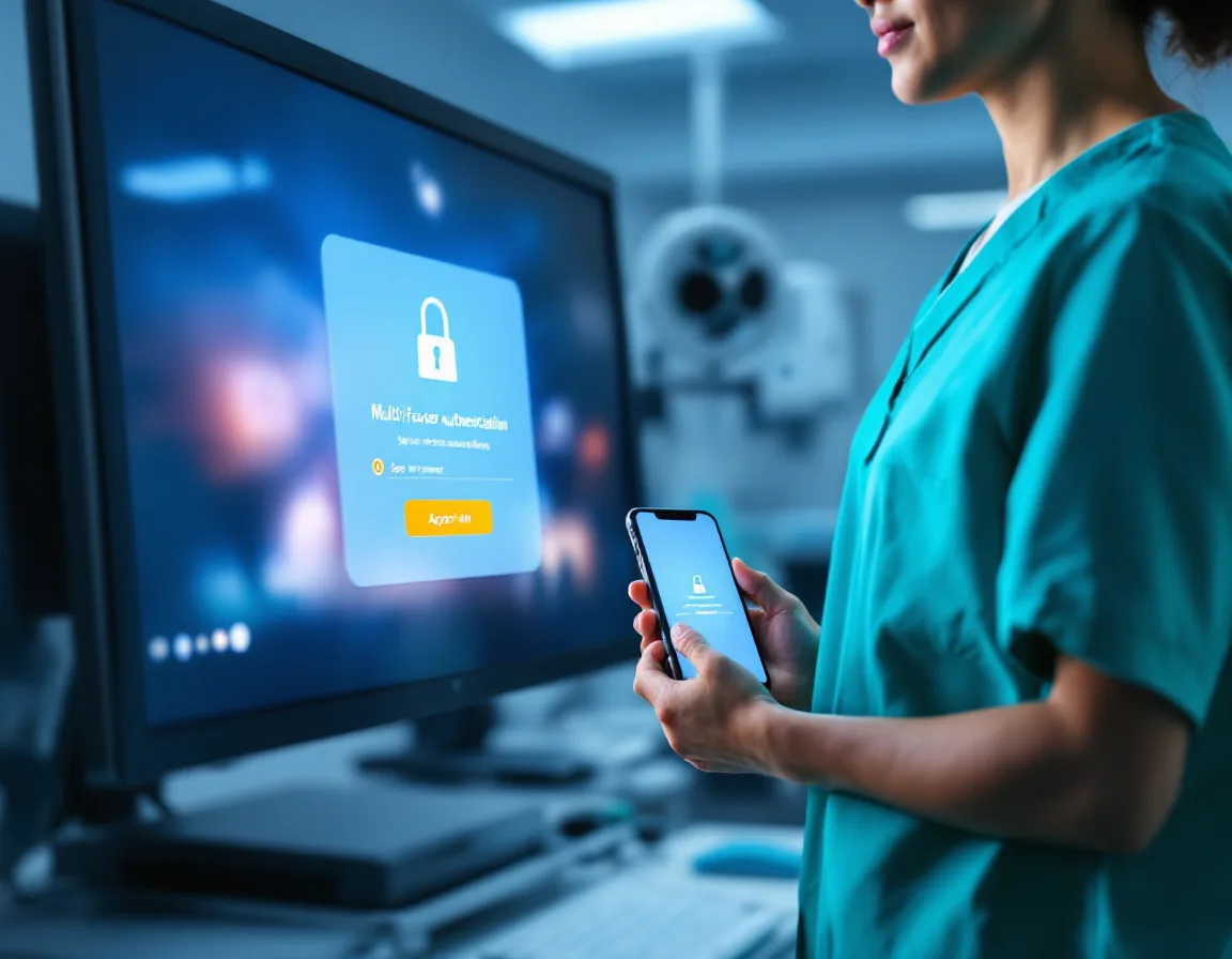 Clinician approving a multi-factor authentication prompt on a smartphone while signing in to a clinical workstation