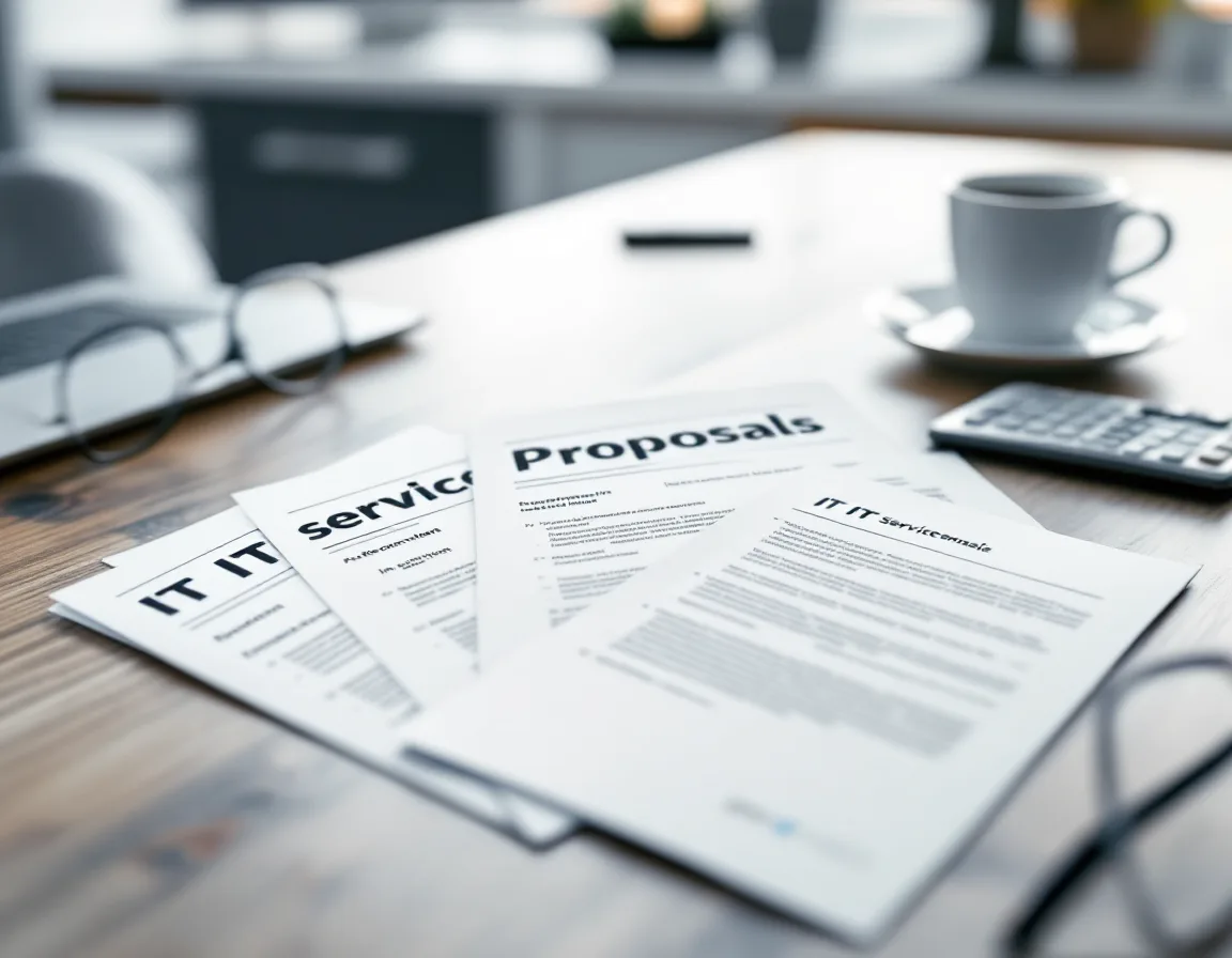 Three printed managed IT service proposals fanned across a Texas medical office desk beside a calculator