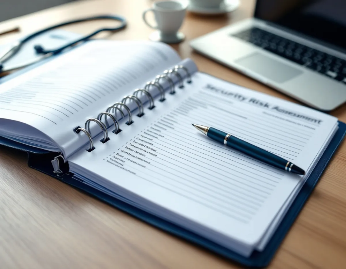 Printed security risk assessment binder open on a clinic administrator desk beside a laptop and stethoscope