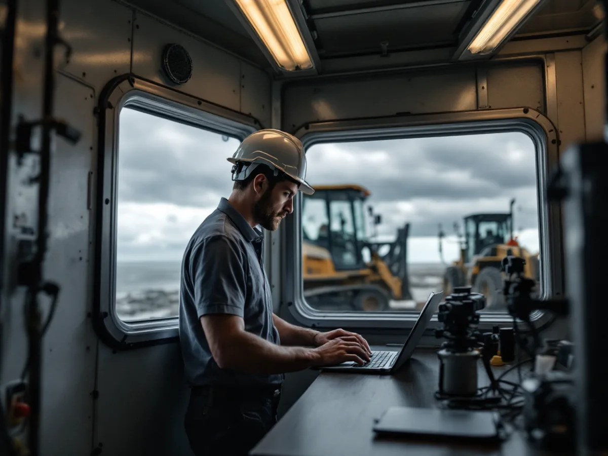 IT manager in a hard hat working from a Gulf Coast industrial site office outside Houston as a storm front moves in