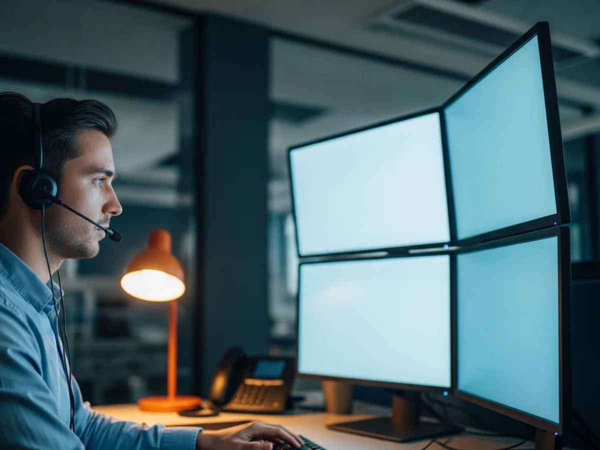 Houston IT help desk technician engaging a support ticket on a multi-monitor workstation