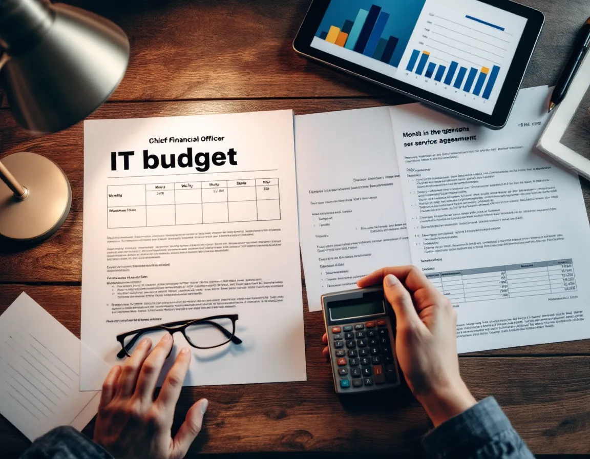 Finance leader checking a monthly managed IT budget worksheet and service agreement on a walnut desk
