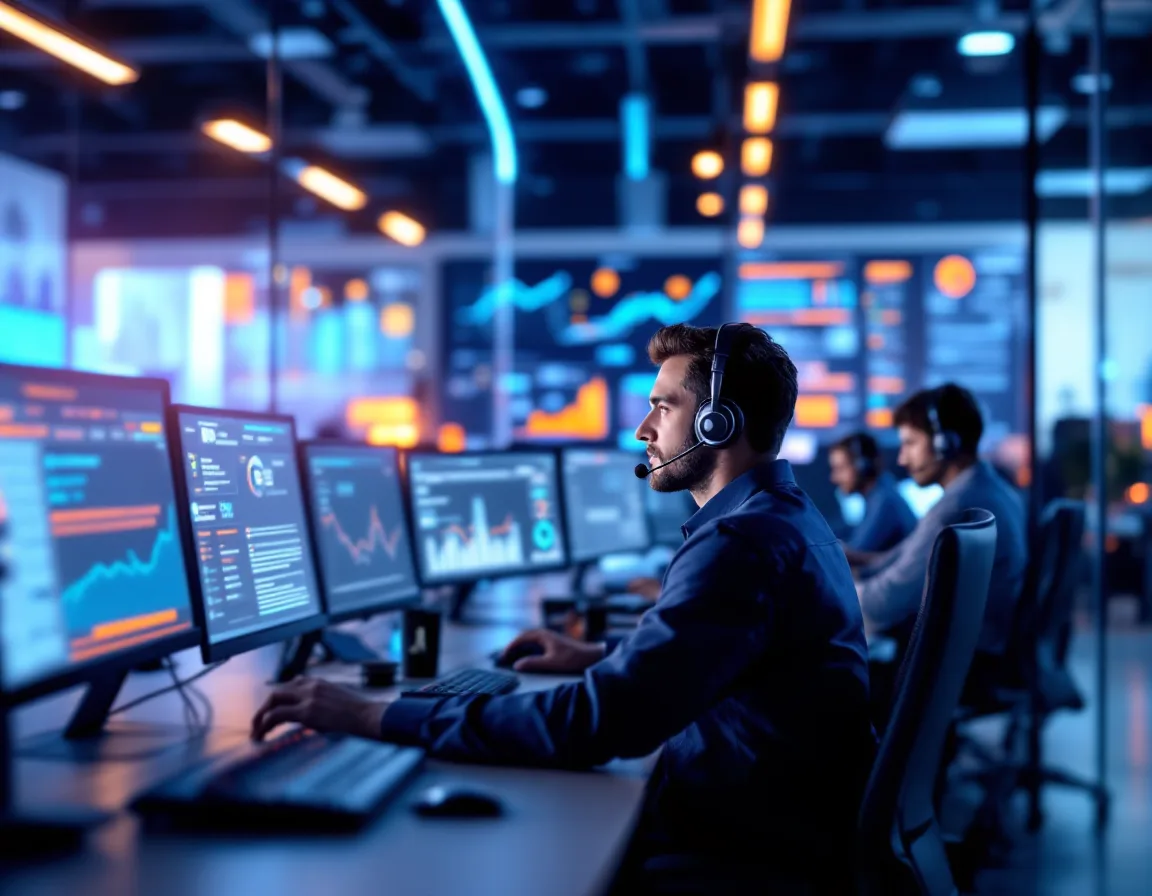 Houston IT help desk engineers working ticket queues beneath a wall display of response-time charts