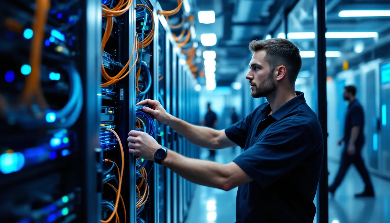 IT engineer working at a server rack during a managed service provider transition