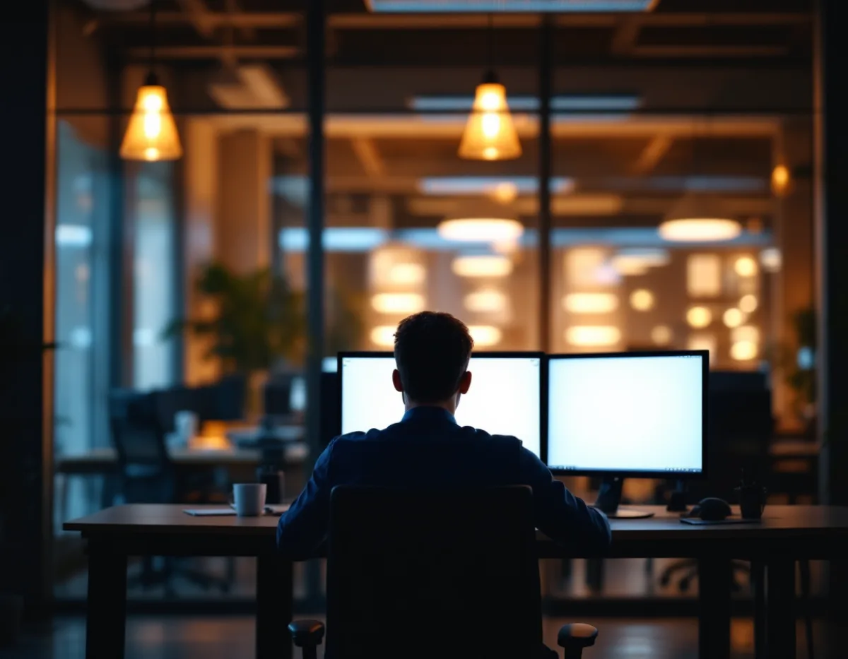 A lone internal IT technician working a help desk after hours in an otherwise empty office
