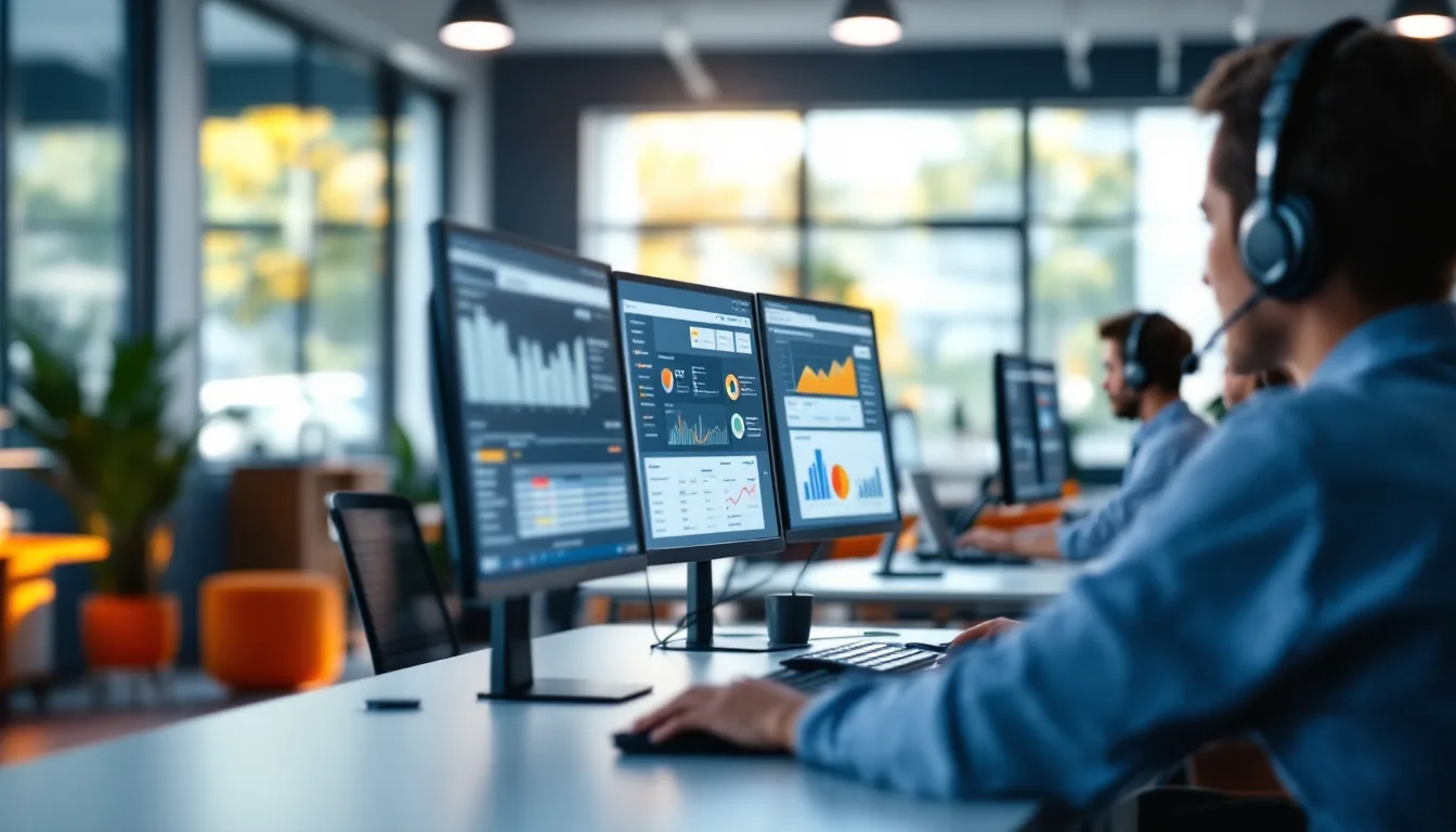 Outsourced IT help desk team of three technicians in headsets working ticket queues on dual monitors