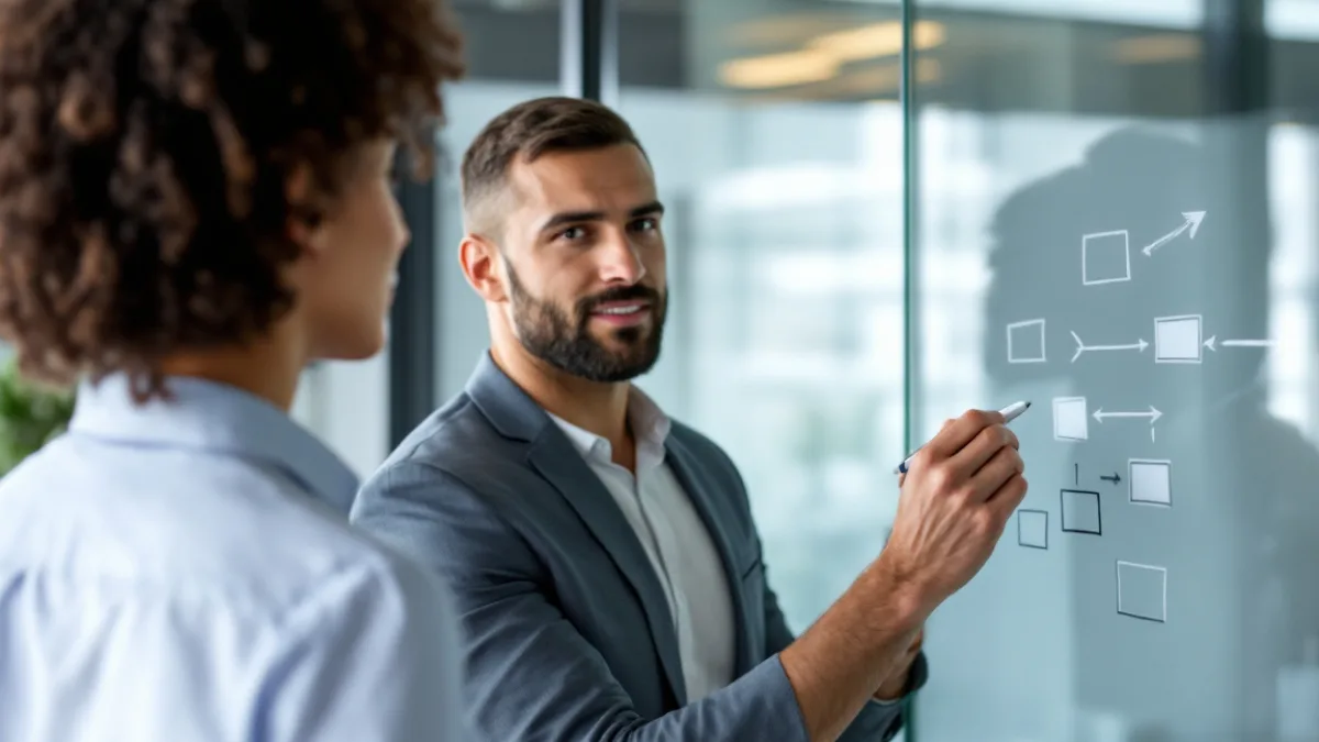 Two IT professionals mapping a phased modernization timeline in boxes and arrows on a glass whiteboard