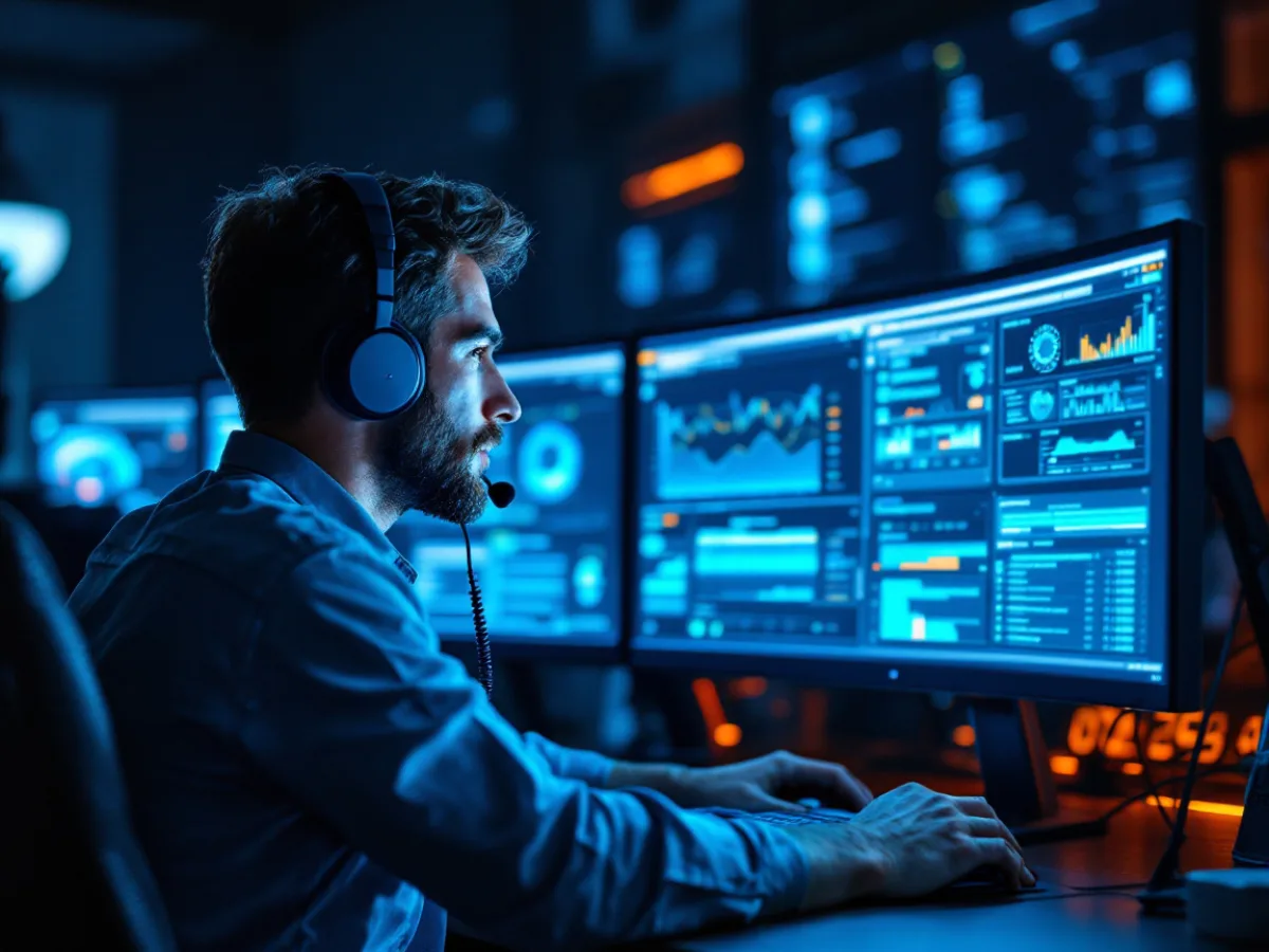 Network engineer working an after hours security escalation at a dual monitor workstation in a darkened operations room