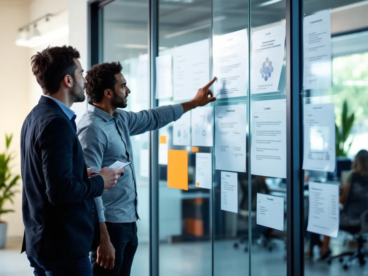 IT security team lead mapping required controls on a glass wall of printed framework checklists while a colleague takes notes