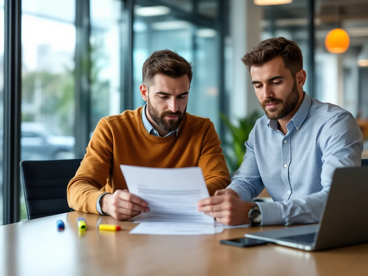 Business owner and IT security consultant reviewing a printed managed security scope of work line by line at a conference table