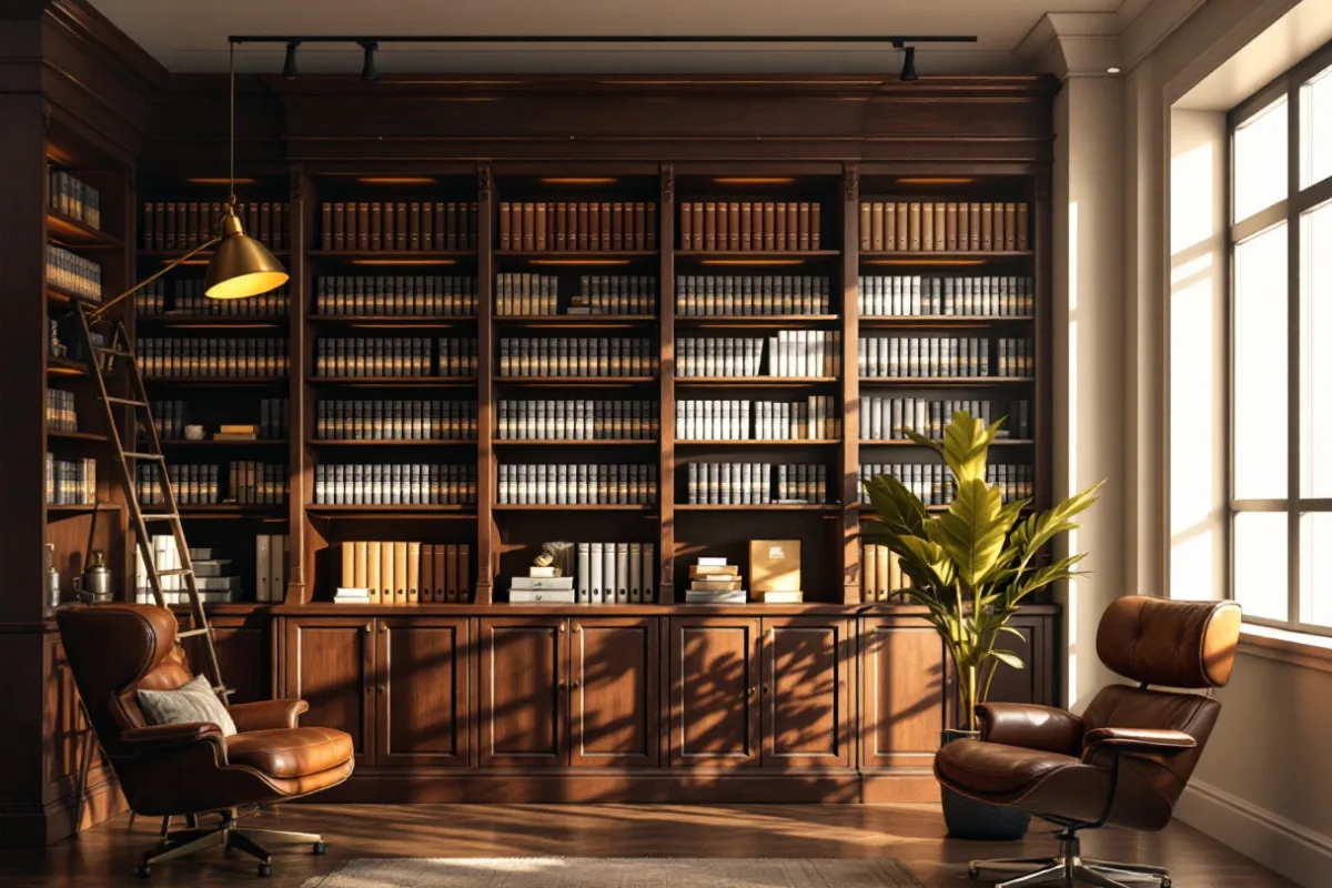 Wood panelled file room in a Dallas law firm holding rows of legal binders and archive boxes on built-in shelving