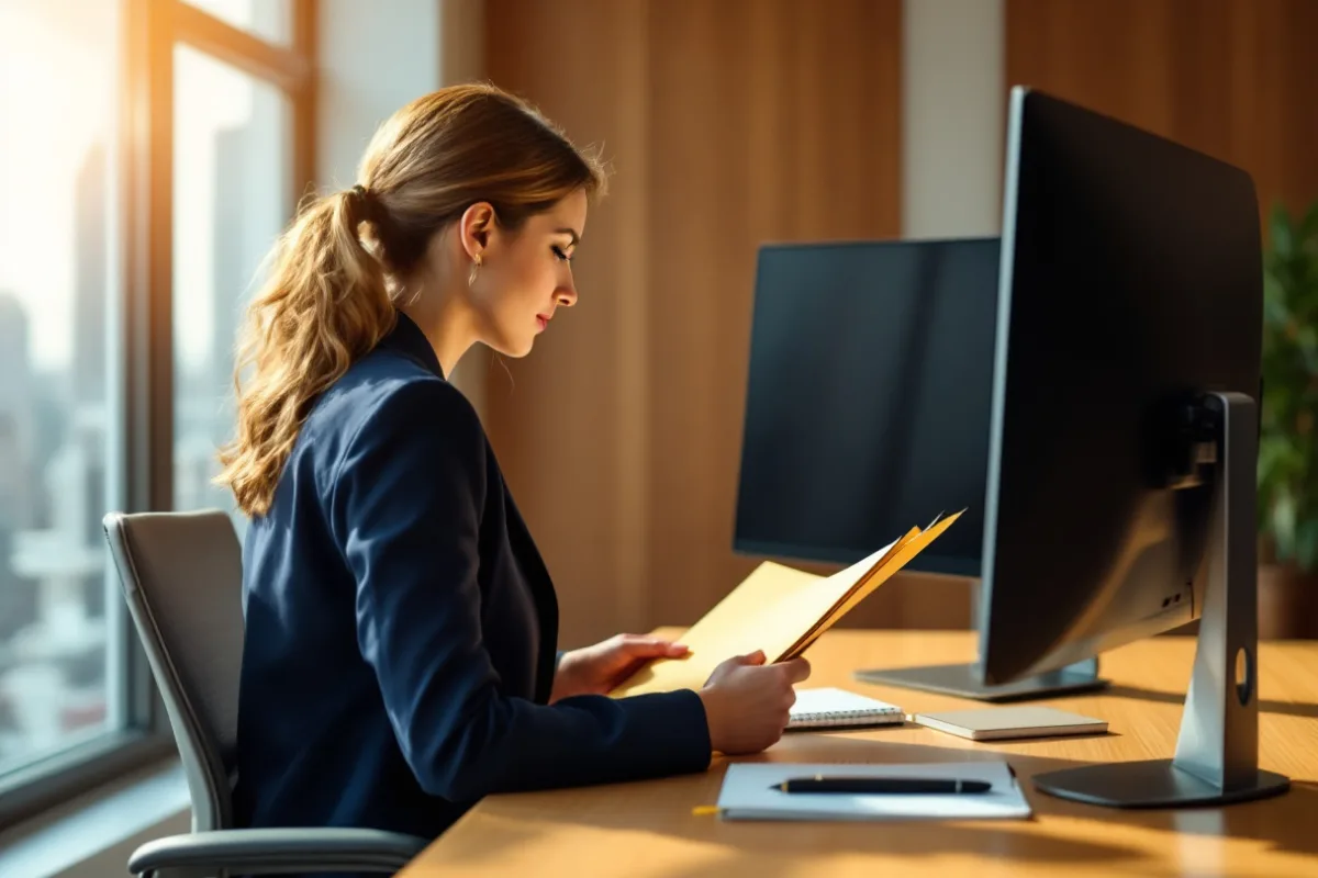 Attorney in a navy blazer reviewing a client matter file at a desk in a bright Dallas law office