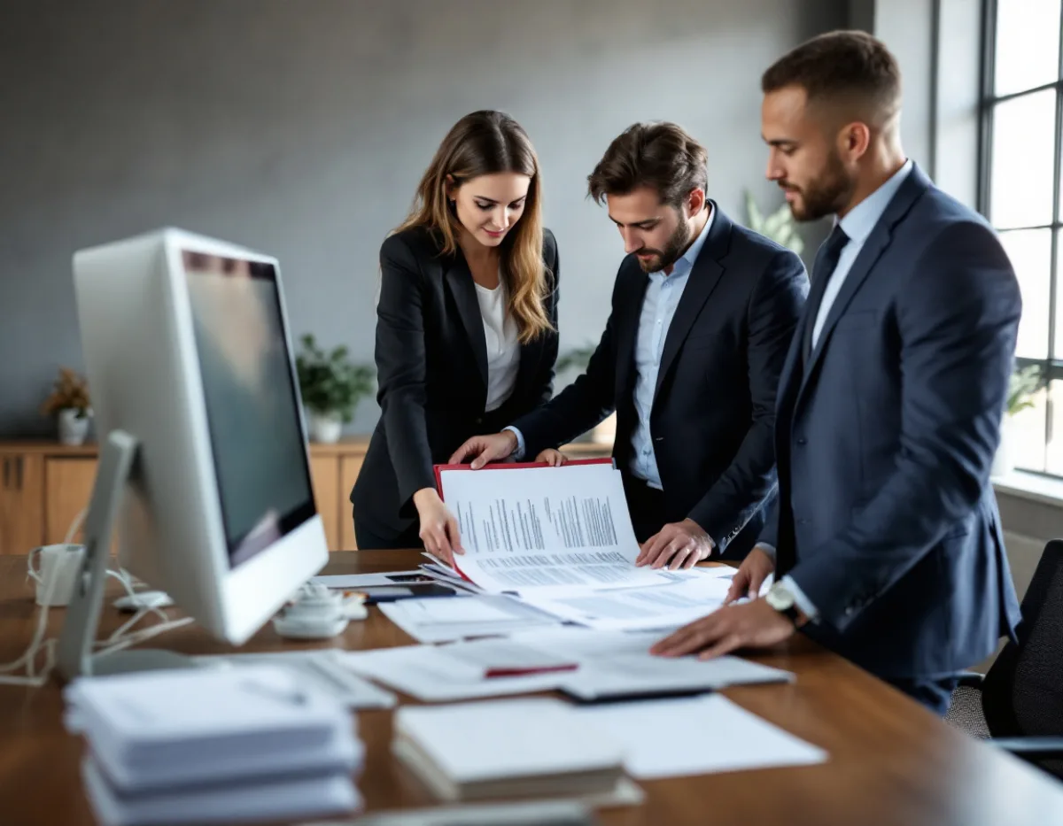 Attorneys and a paralegal at a Houston law firm reviewing a printed case file together at a desk