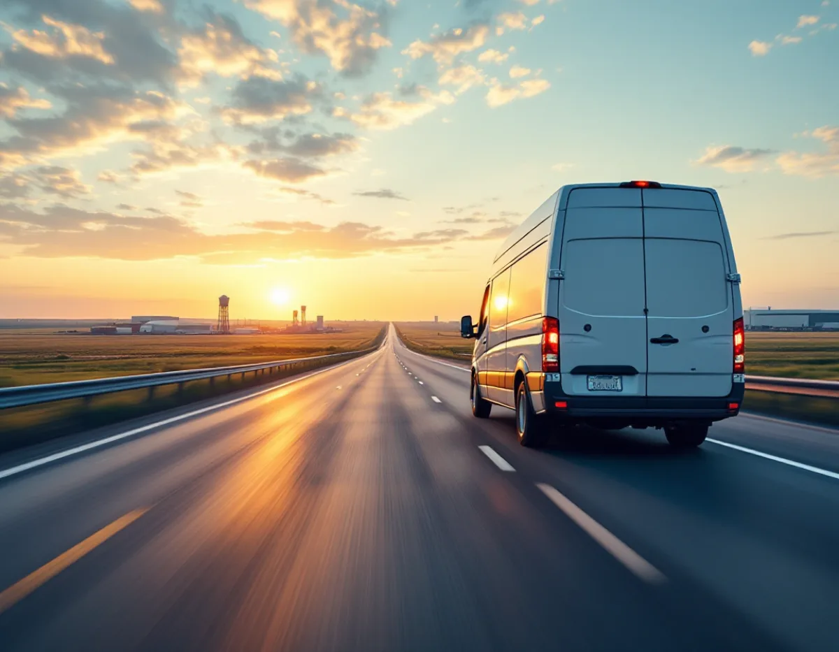 Service van heading north on the I-35 corridor toward Denton at dawn, illustrating the dispatch distance behind an onsite response commitment