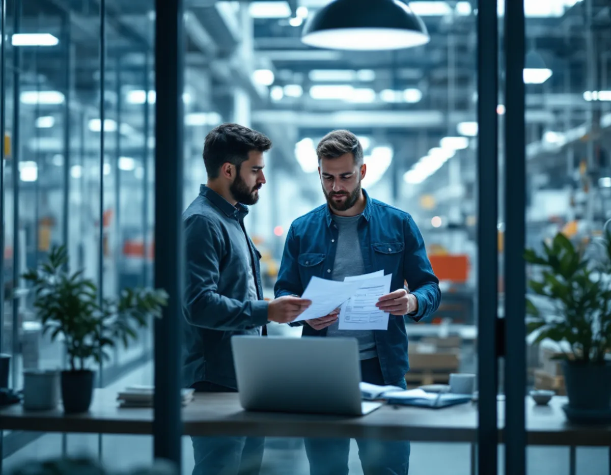 Operations manager and IT lead reviewing a Texas SB 2610 cybersecurity program checklist in a plant office overlooking the production floor