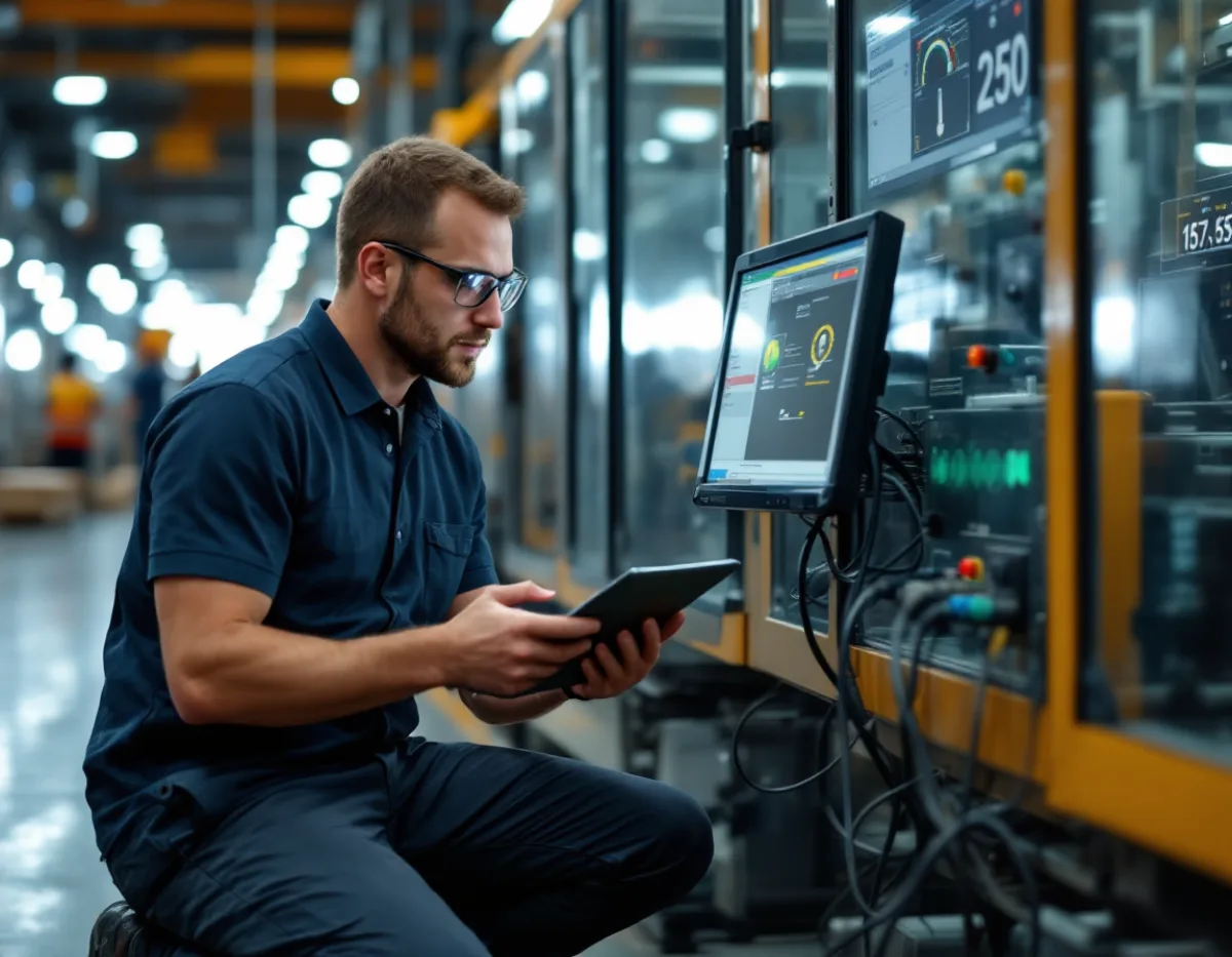 IT technician servicing a shop floor computer terminal beside production equipment in a North DFW manufacturing facility
