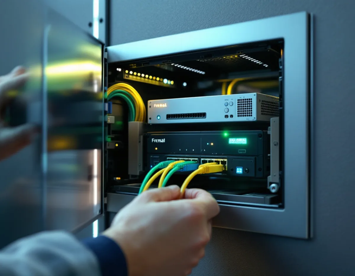 A wall-mounted branch office network cabinet holding a firewall and switch with patch cabling