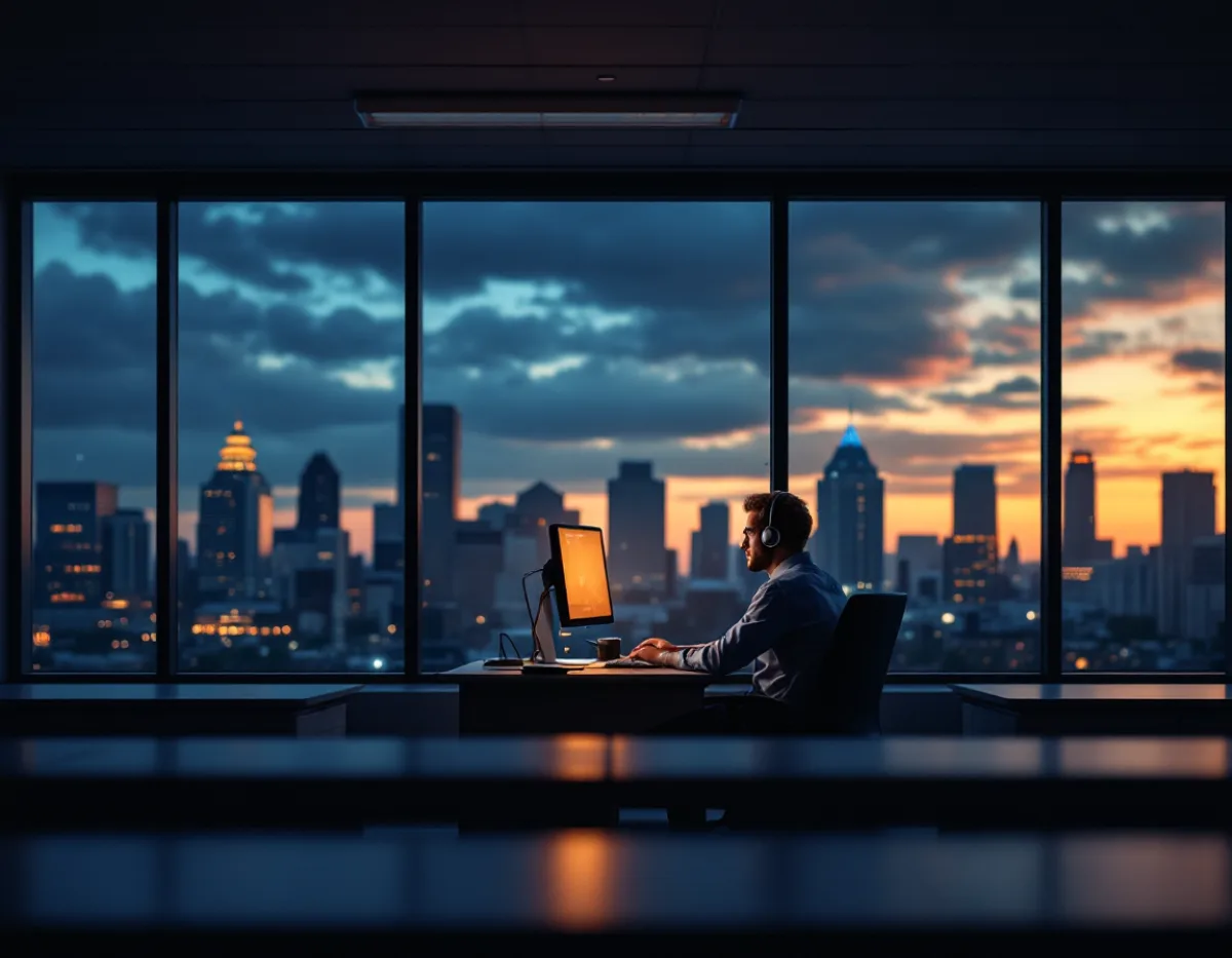 A lone IT support technician at a branch office desk after hours with empty desks behind him
