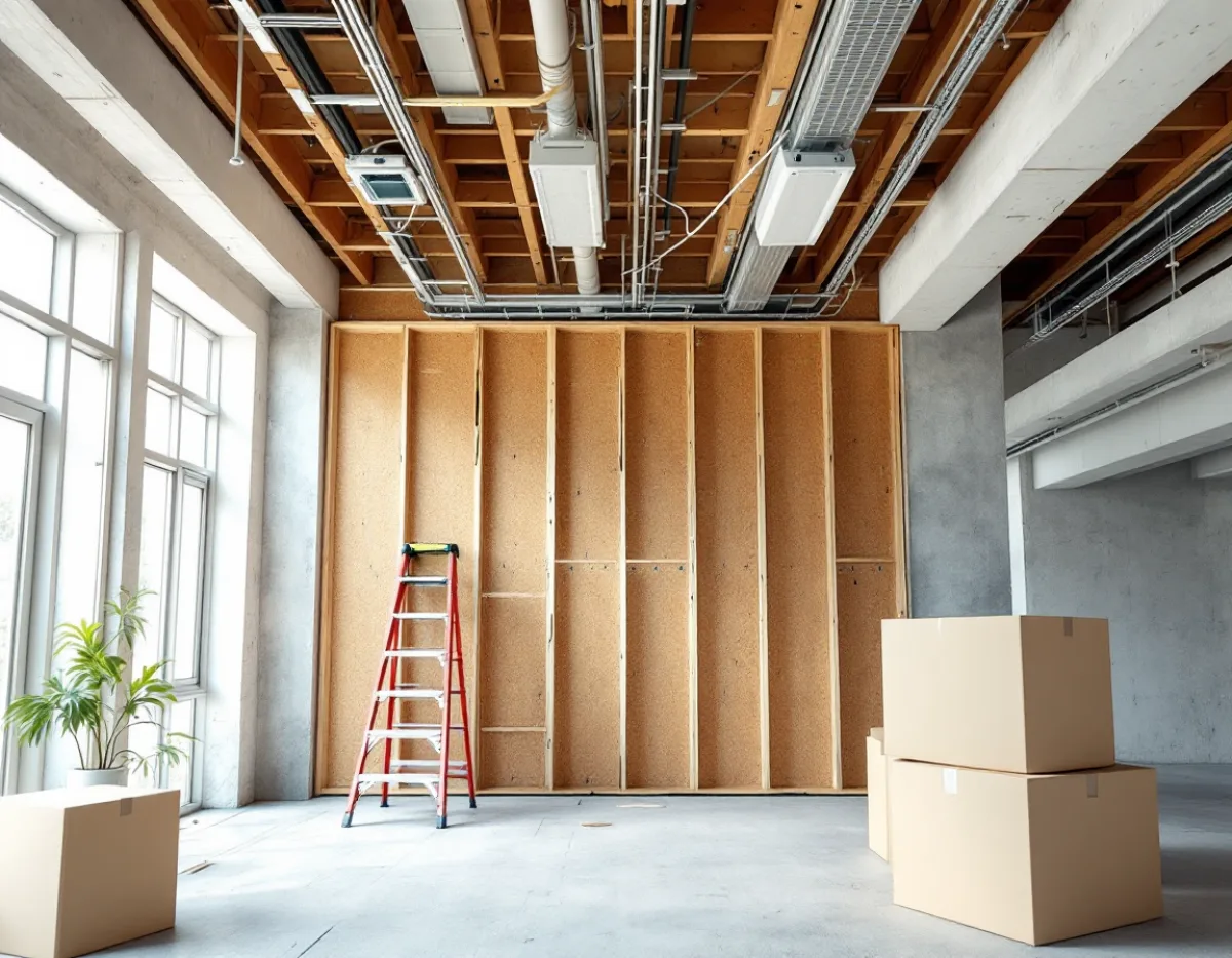 Network cabling being run above an open ceiling in a new office during buildout