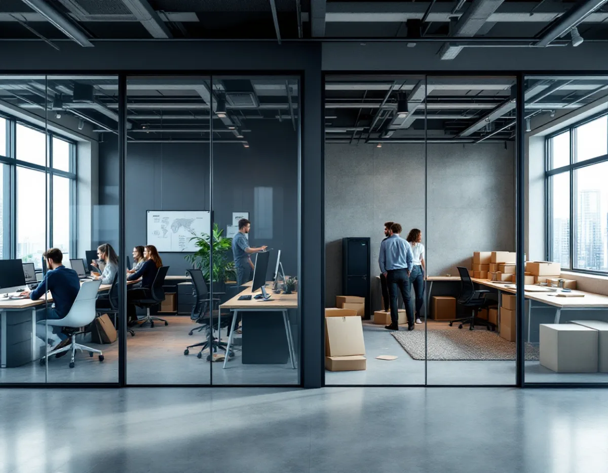 A busy office beside a newly opened second suite with unopened equipment boxes and a small network rack
