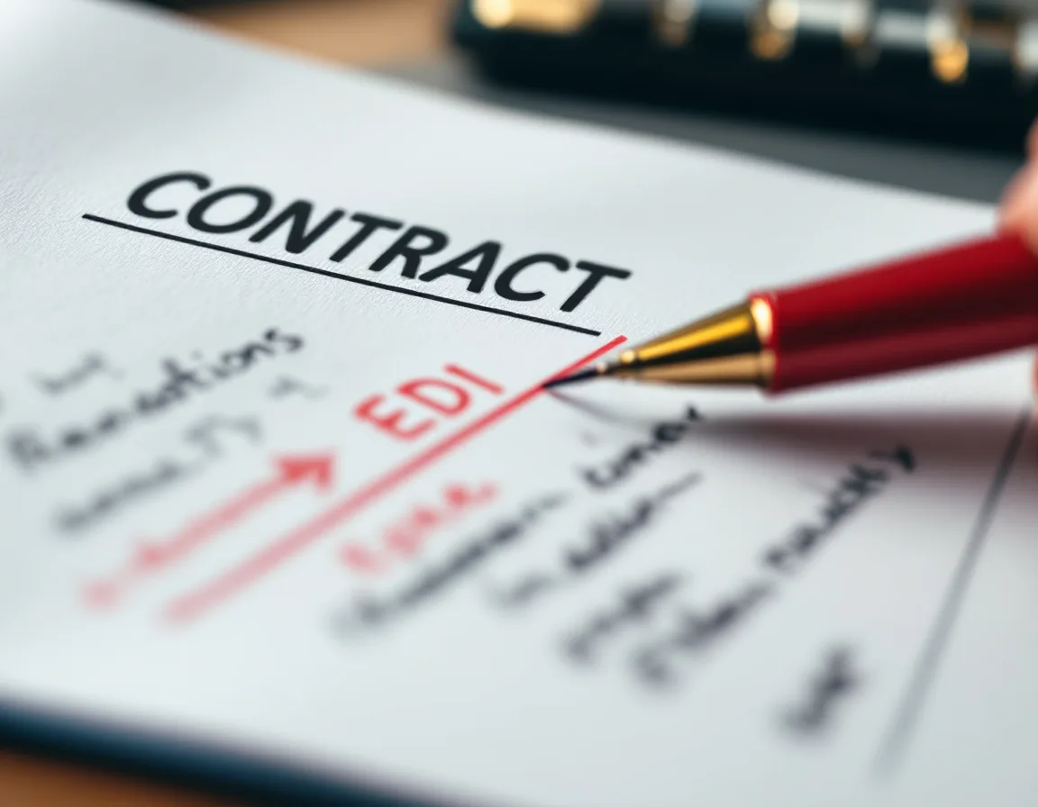 A contract page marked with red redlines and handwritten margin notes, showing the SLA terms worth negotiating before signing