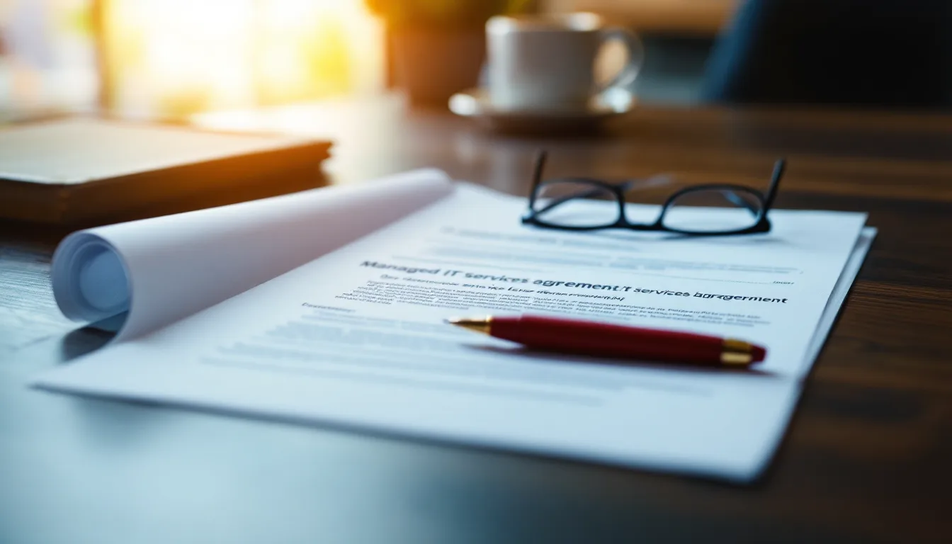 A Texas managed IT services agreement open to the service level agreement section, with reading glasses and a red pen resting on the page