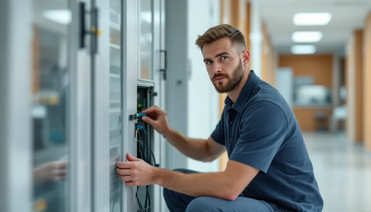 IT technician servicing a network cabinet inside a Dallas medical clinic back office
