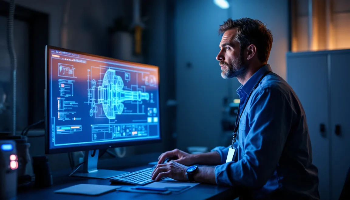 Engineer at a controlled-access workstation in a Texas defense supplier reviewing an export-controlled technical drawing with a security badge and card reader visible