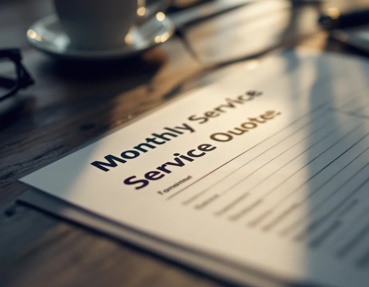 An itemized monthly cybersecurity service quote on a desk with reading glasses and a pen