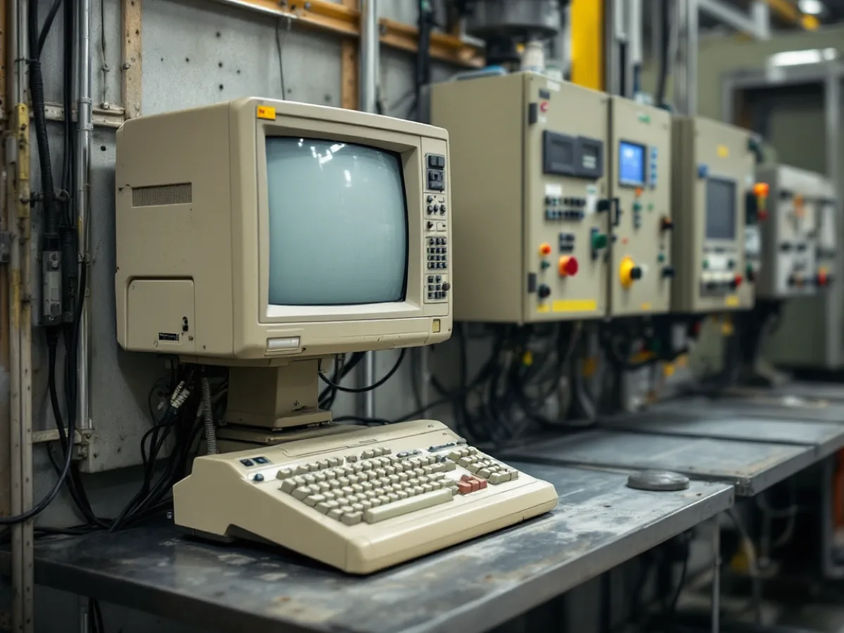 Aging engineering workstation computer on a metal bench next to a wall-mounted PLC control cabinet in a plant