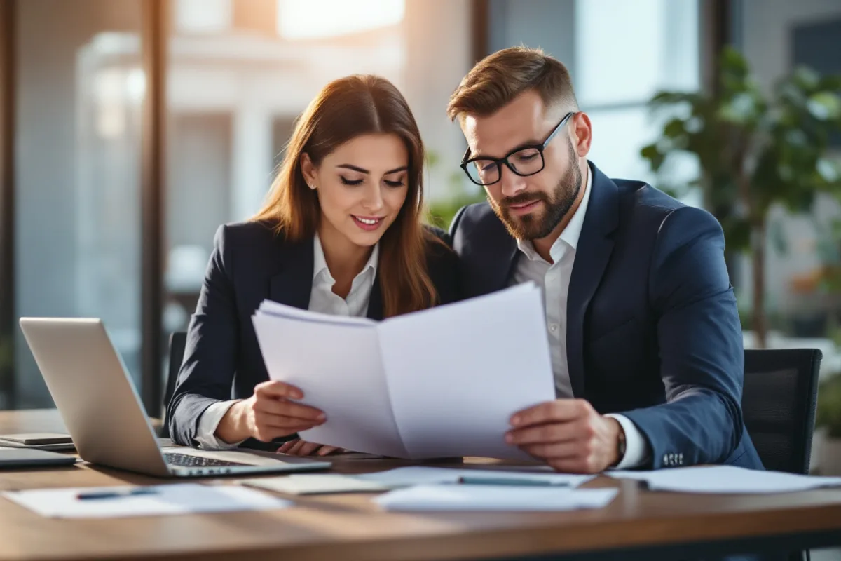 Compliance officer and IT manager reviewing AI governance documentation together in a Dallas financial services office