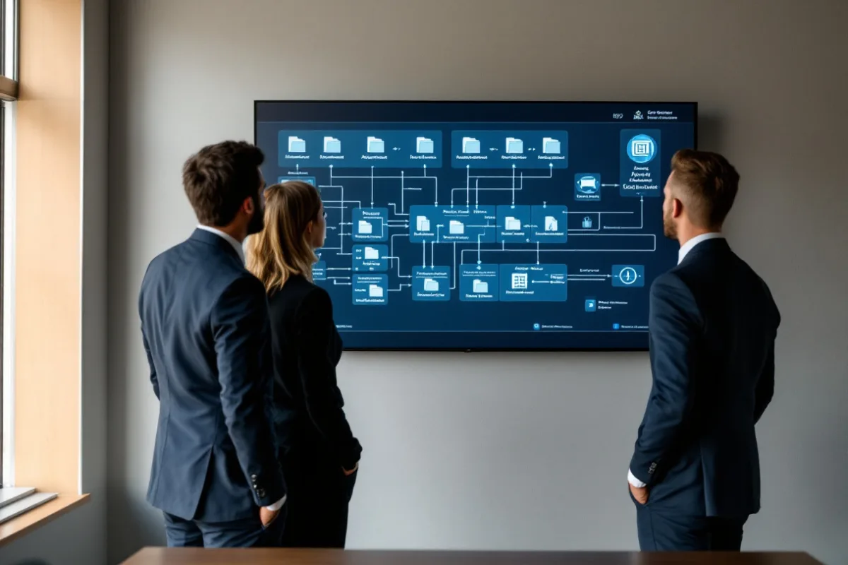 Dallas IT team reviewing SharePoint access and permissions on a wall display before a Microsoft 365 Copilot rollout