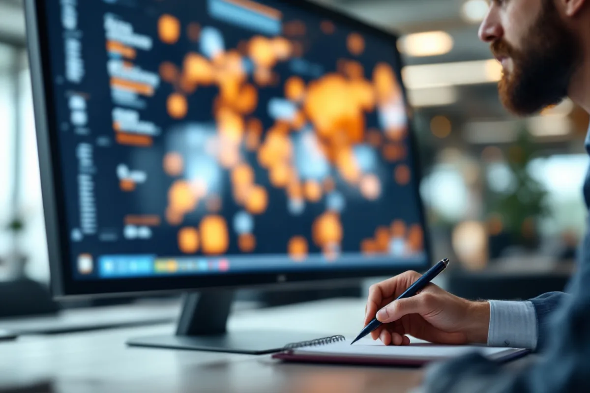 Houston IT manager reviewing a SharePoint site access and oversharing dashboard on a large monitor before a Microsoft 365 Copilot rollout