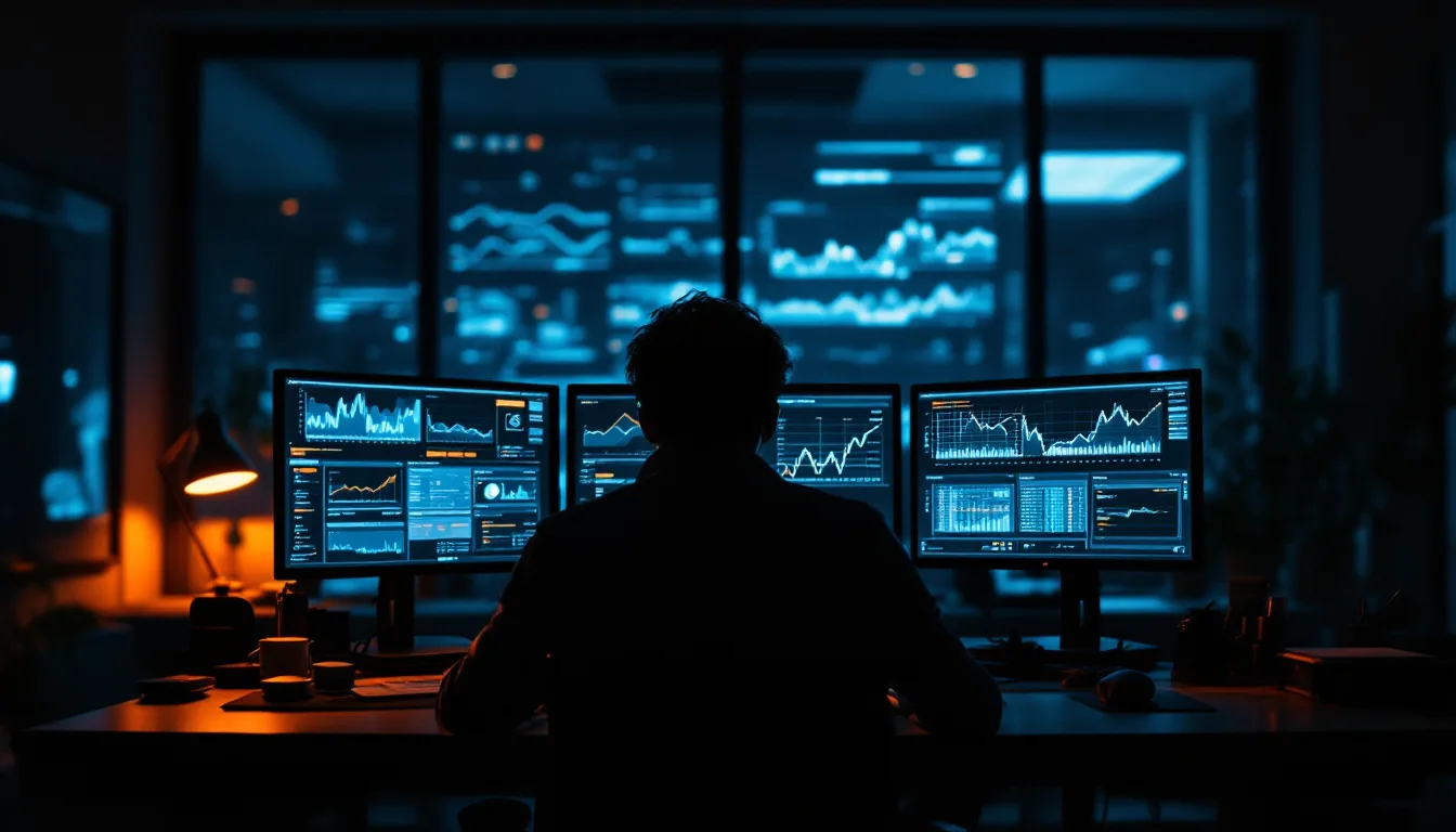IT engineer monitoring cloud infrastructure dashboards overnight, the round-the-clock coverage a managed cloud agreement provides