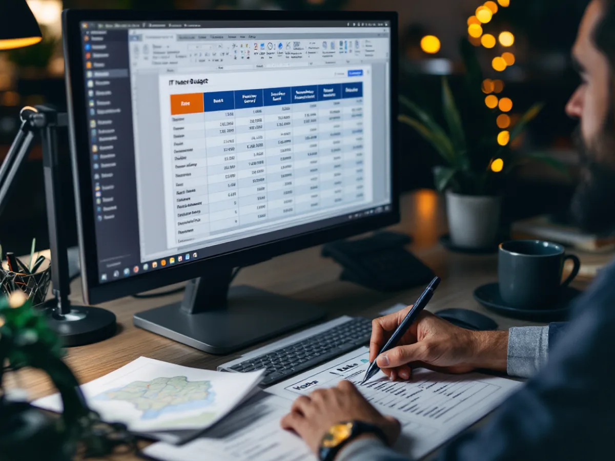 Office manager building a monthly managed IT budget against a marked-up Houston staff roster