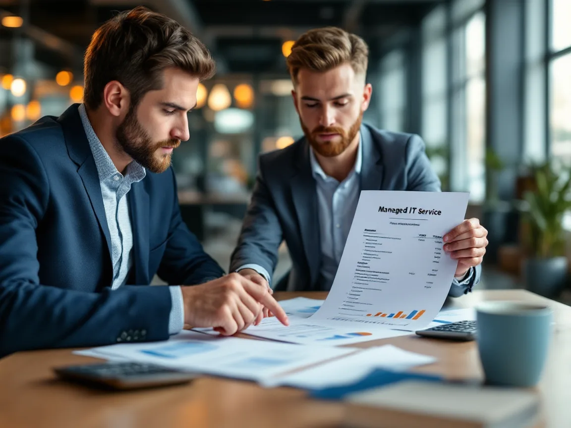 A finance director and operations manager comparing three managed IT proposals line by line at a desk