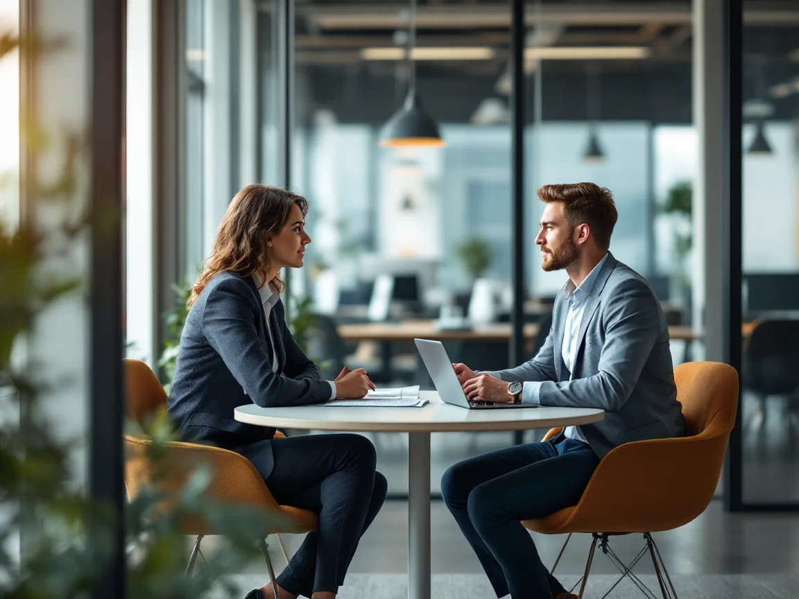 A hiring manager interviewing a candidate for an internal IT systems administrator role beside an empty desk in an open plan office
