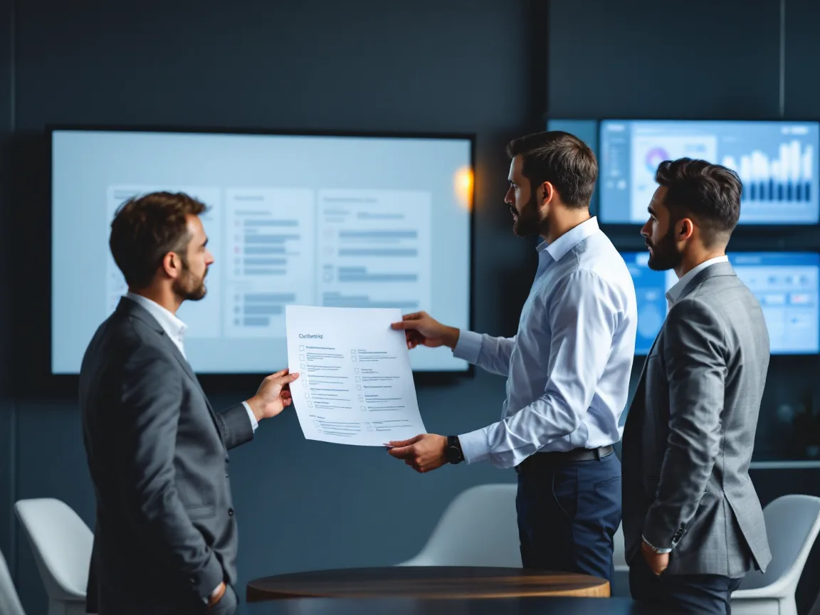 A cybersecurity consultant walking a company executive through a security controls framework checklist on a wall display