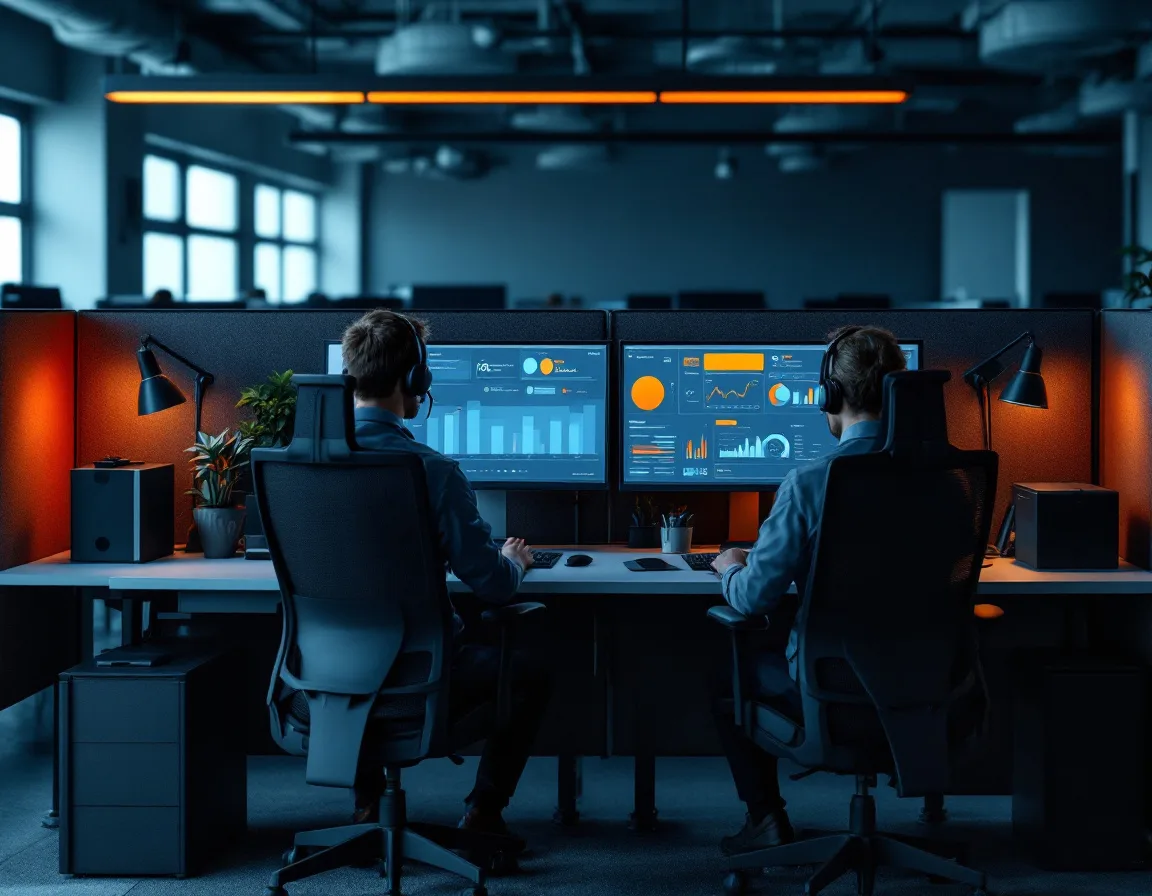 Managed IT support engineers wearing headsets at dual-monitor workstations on an open plan service desk floor