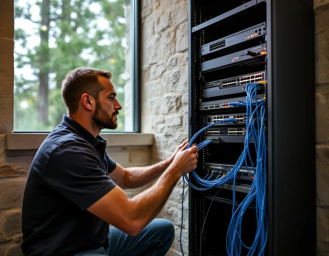 IT technician working inside a network rack during on-site managed IT support at a Boerne Texas Hill Country office