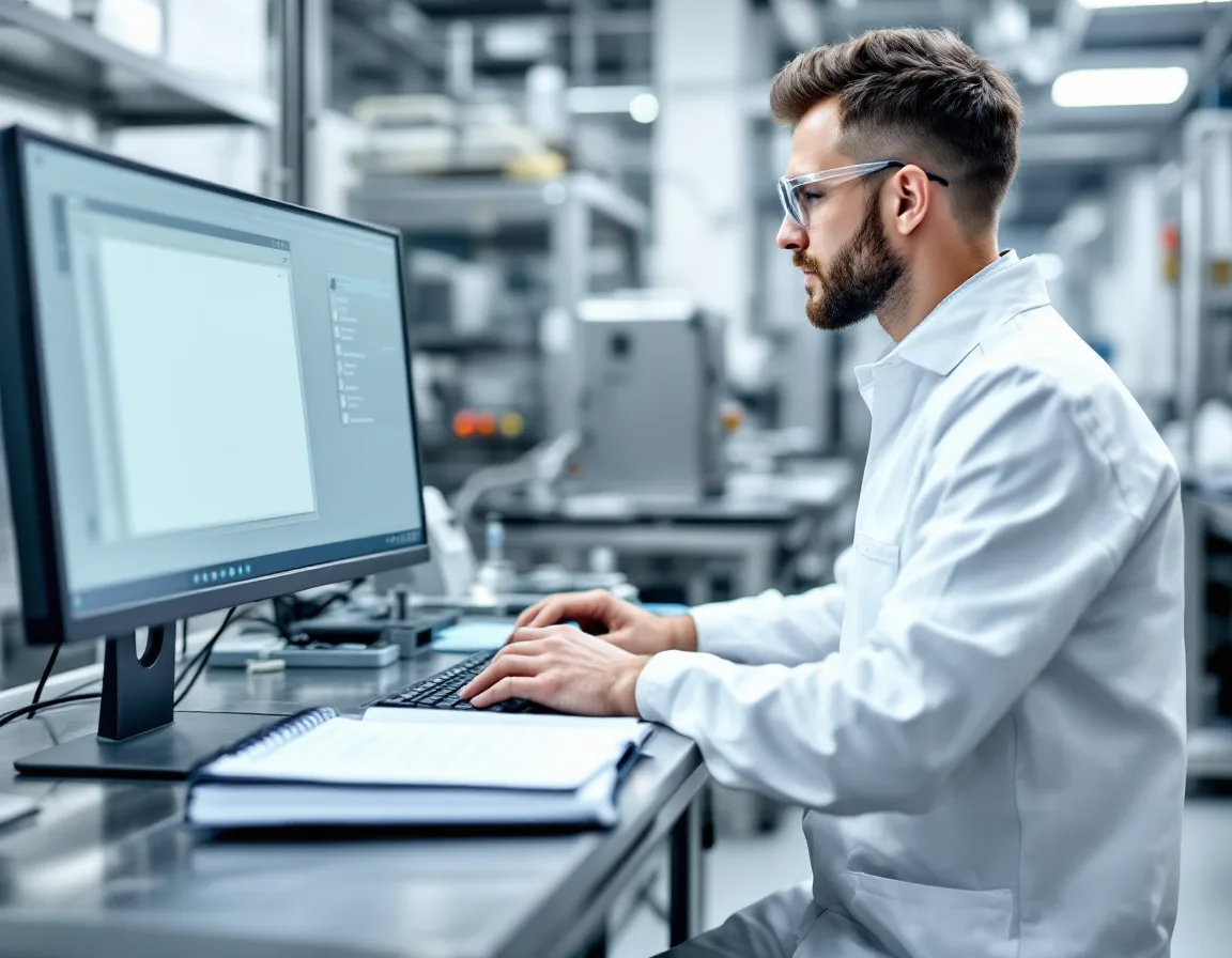 Technician reviewing controlled production records on a networked workstation at a small regulated manufacturer in Boerne Texas