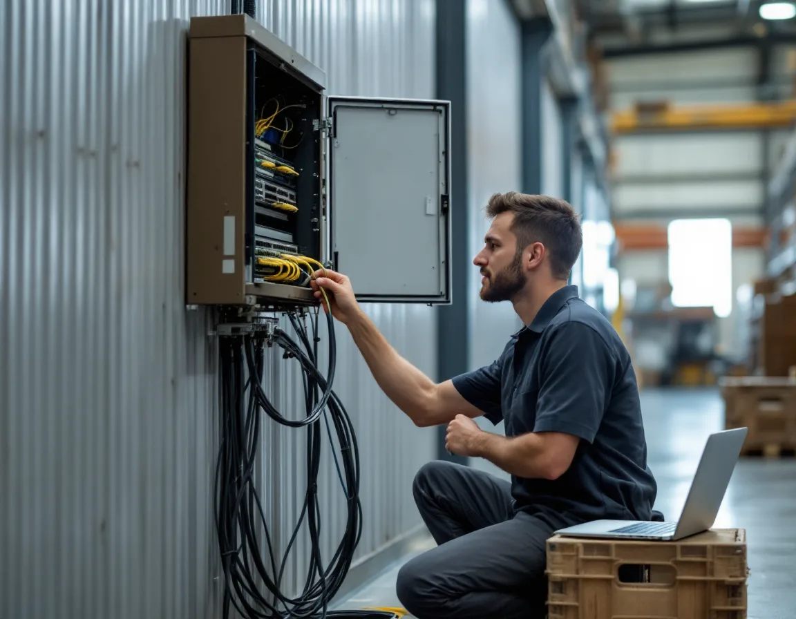 IT technician cabling a network switch in a wall-mounted enclosure inside a Conroe Texas manufacturing plant